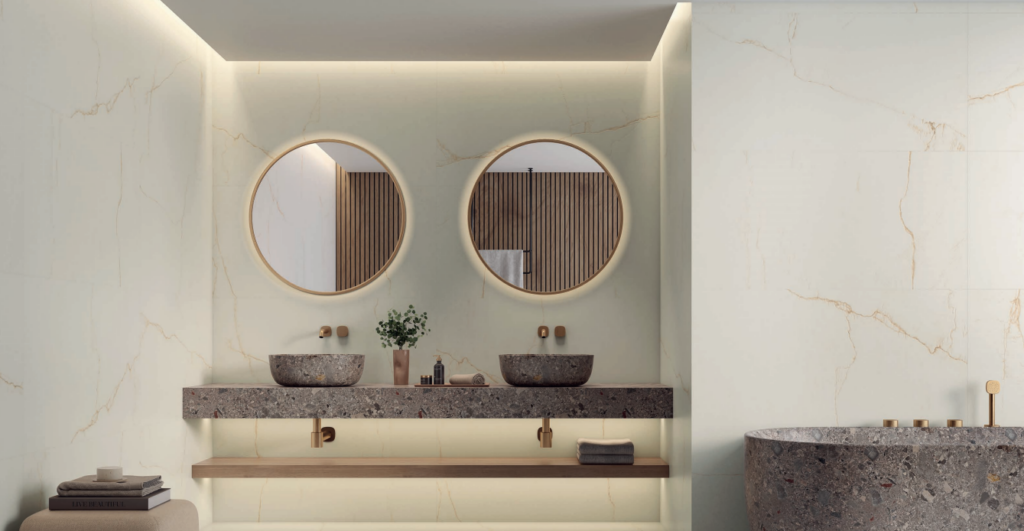 Bathroom at residential home professionally tiled with lab gold tiles