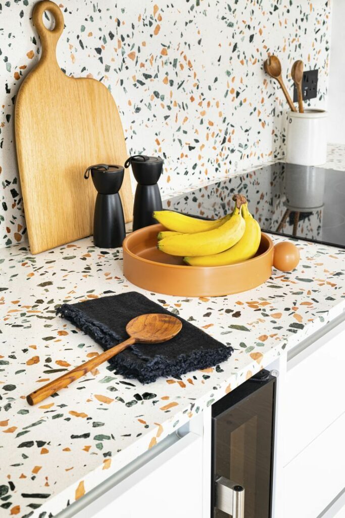 Kitchen worktops and splashbacks finished with a bespoke terrazzo solution at private home in Sheffield